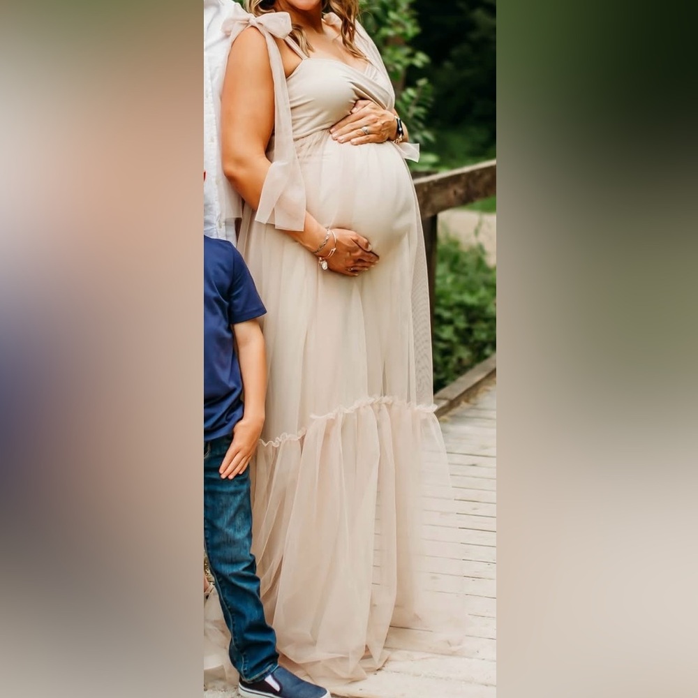$100- size Medium Maternity Elegant Sheer Champagne Dress- only worn once